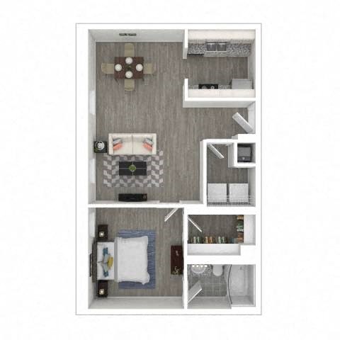 A diagram of a small apartment with a kitchen, living room, and bedroom.